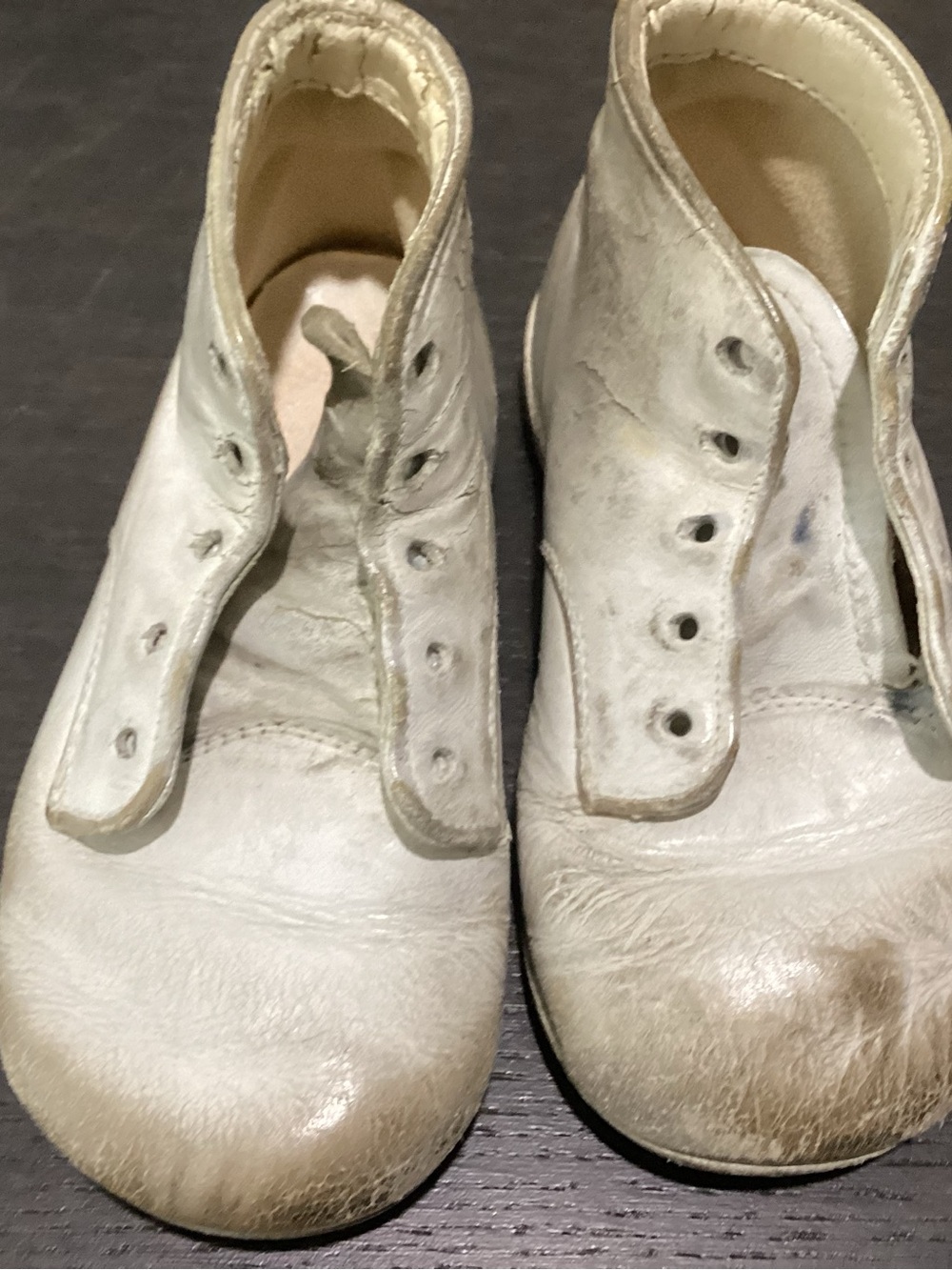 Vtg. Gertrude’s white leather baby shoes, Pro-tea-Tim Crib Shoe. 60-75Yrs old